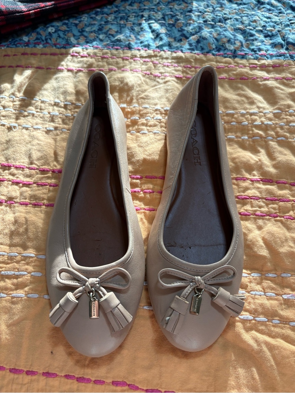 Coach Taupe Leather Ballet Flats with Tassel Bow